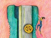 Colour pencil illustration of a lady in workout clothes trying to climb to the top of an enormous pencil sharpener.