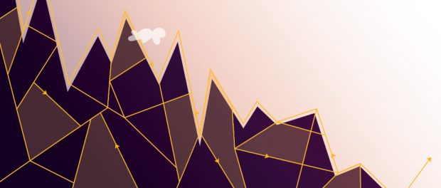 Digital illustration of mountains and arrowed lines going up and down the mountain peaks