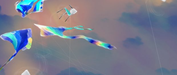 Abstract illustration of flying kits and school chairs flying but being tethered by kite string.