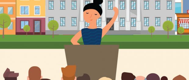 Illustration of woman politician speaking at podium in front of a crowd of people