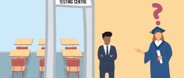 illustration of a graduate student pointing at a moderator and testing centre with a question mark above her head.