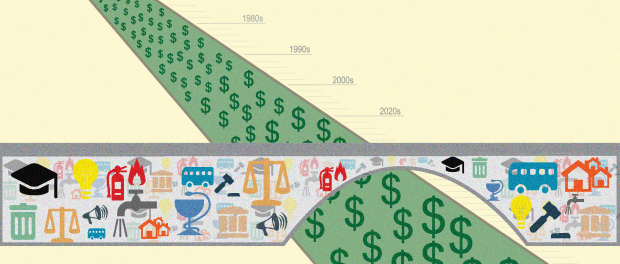 Illustration of a bridge with an arched over a large gap that is green and full of dollar signs