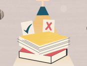 illustration with books on a table with an x and a check mark and a light shining down on them