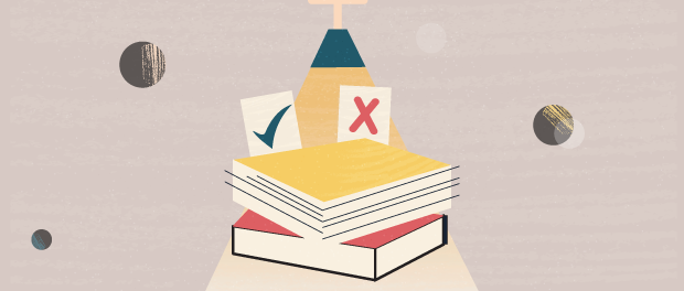 illustration with books on a table with an x and a check mark and a light shining down on them