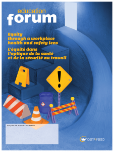 Education Forum Cover. Safety pylons, signs and barriers. Blue stair case and ramp.