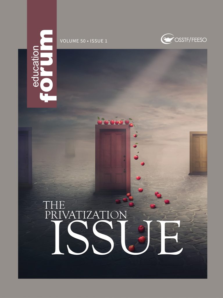 Education Forum Volume 50 Issue 1 cover. Door on grey backkground with a little sunlight on the door. Atop the door are apples which are rolling off it into the title. 