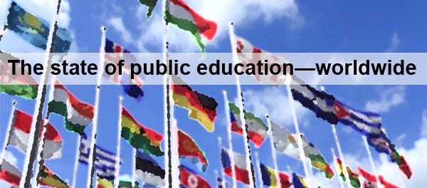 An image of stylized world flags with the text The state of public education—Worldwide