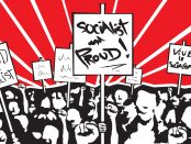 Illustration of people rallying with picket signs indicating their pride in being a socialist.