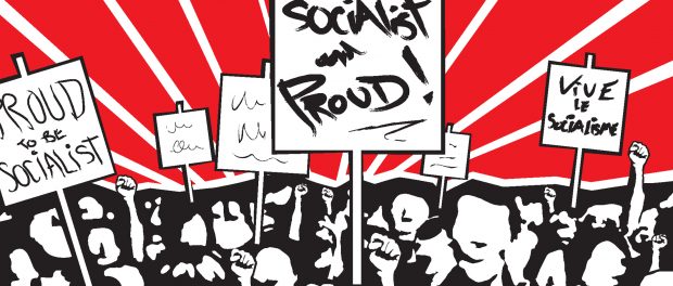 Illustration of people rallying with picket signs indicating their pride in being a socialist.