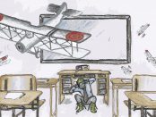 An illustration of a male teacher ducking under his desk wearing army fatigues