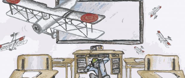 An illustration of a male teacher ducking under his desk wearing army fatigues