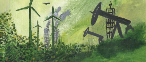 Illustration of wind mills and oil pumps