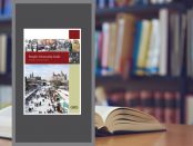 Image of the book cover beside a photo of a bookshelf and opened book on a table.