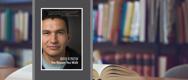 Image of the book cover beside a photo of a bookshelf and opened book on a table.