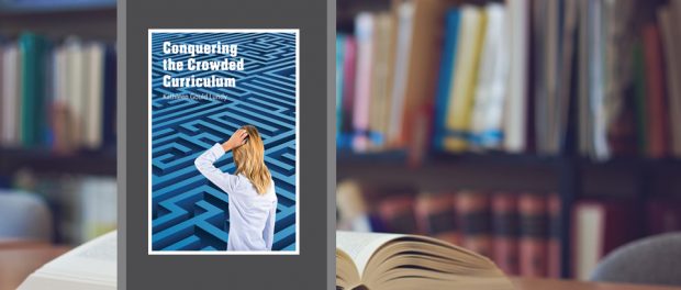 Image of the book cover beside a photo of a bookshelf and opened book on a table.