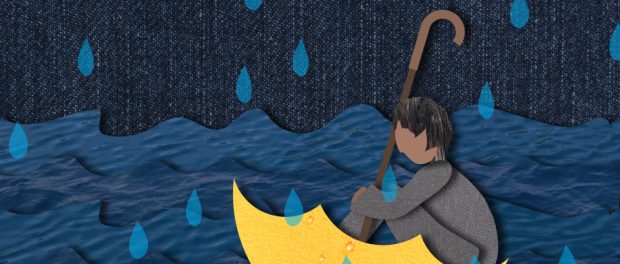 illustration of a man using the inside of an umbrella as a boat while he wades across choppy waters.