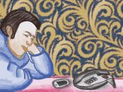 Illustration of a man sitting at a table staring at a phone waiting for it to ring.