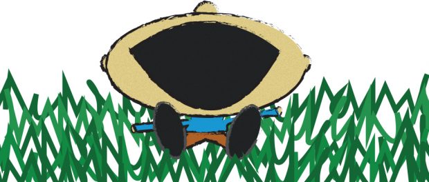 Illustration of a boy lying in a field of grass with mouth wide open.