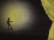 Illustration of a figure walking in the dark with a flashlight approaching an ominous curtain.