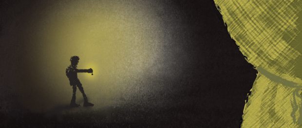 Illustration of a figure walking in the dark with a flashlight approaching an ominous curtain.