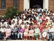 A photo of the 1981 reunion of Shingwauk survivors, former staff, and family members.