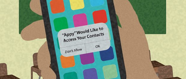 Illustration of a hand holding a smart phone with an app alert message asking if it is okay to access the contacts on the phone.