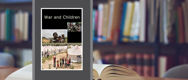 Image of the book cover beside a photo of a bookshelf and opened book on a table.