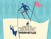 Illustration of people climbing up a rope in front of the Canadian Charter of rights and Freedoms