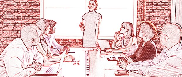 Illustration of a group of people sitting around a table listening to a facilitator