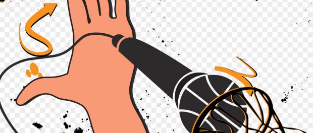 Illustration of a hand slam dunking a microphone in to basketball net