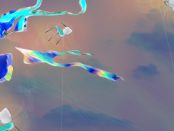 Abstract illustration of flying kits and school chairs flying but being tethered by kite string.