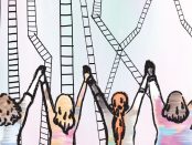 Illustration of the backs of four women holding there arms up i the air hand in hand in front of several crooked broken ladders
