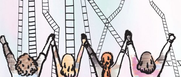 Illustration of the backs of four women holding there arms up i the air hand in hand in front of several crooked broken ladders
