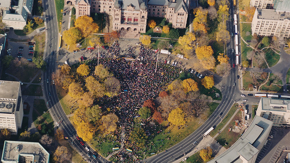 Aerial view photo of Bill 160 protesters at Queen's Park, 1997
