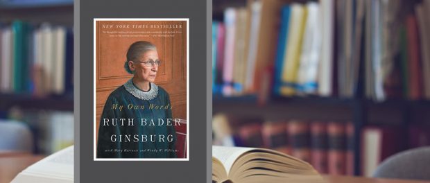 Image of the book cover beside a photo of a bookshelf and opened book on a table.