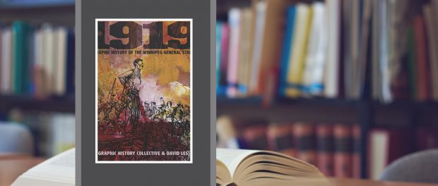 Image of the book cover beside a photo of a bookshelf and opened book on a table.