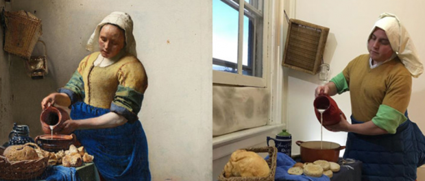 Two images side by side of someone who has re-enacted a famous painting