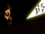 Image of black woman face silhouette on a dark background with a slice of light showing activists in the distance.