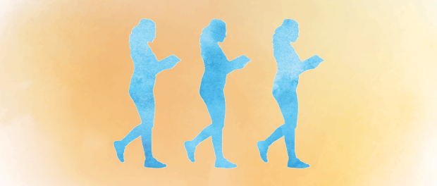 Three blue silhouettes following in a line of a person carrying a book