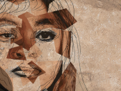 Abstract image of person with fragmented watercolour brown, black and sandy hues with accented line segments outlining facial features and hair lines on a sandy stone background texture.