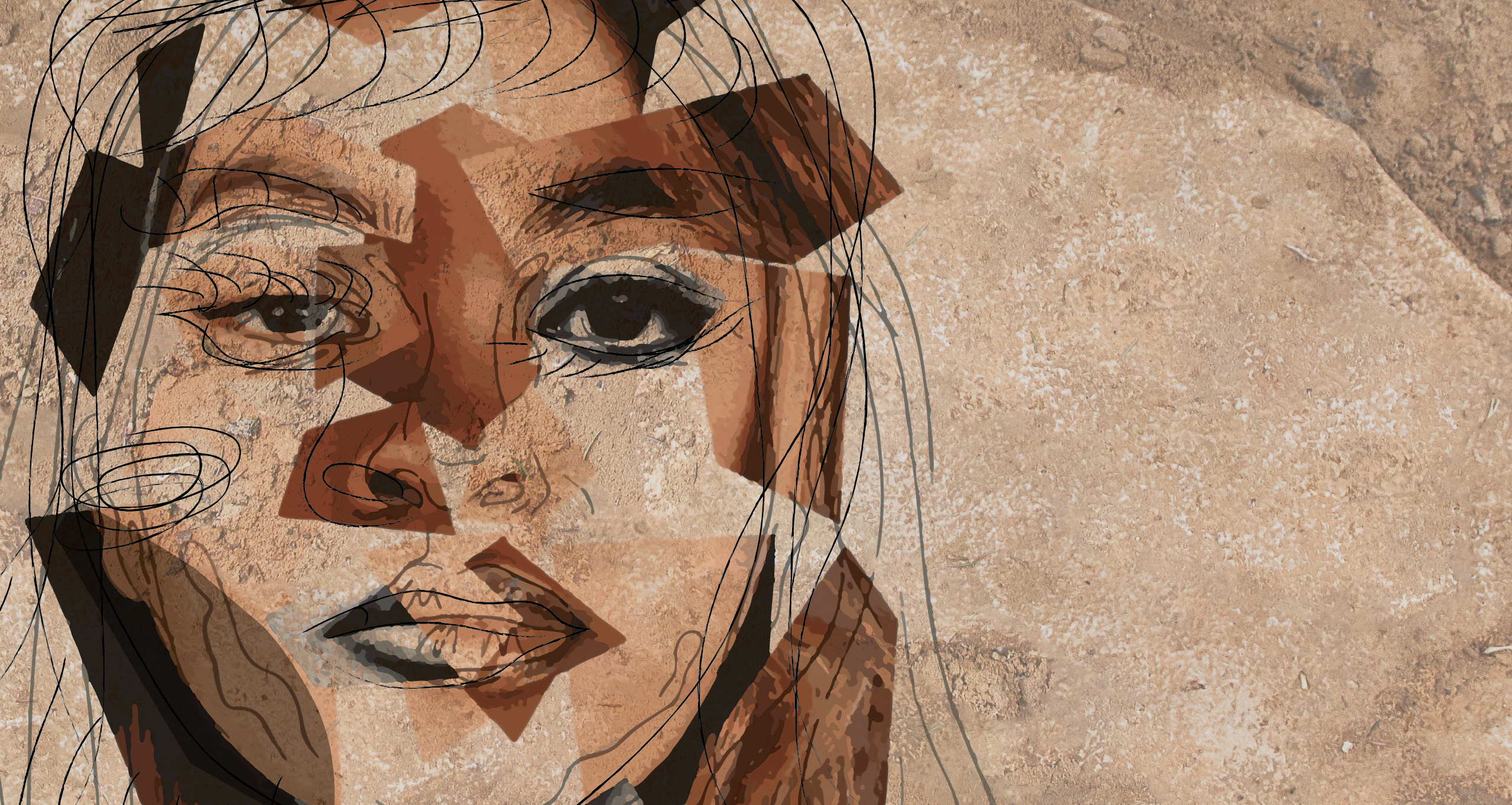 Abstract image of person with fragmented watercolour brown, black and sandy hues with accented line segments outlining facial features and hair lines on a sandy stone background texture.
