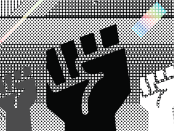 Retro image of 3 strong fists being held up with dotted background and gradient angled stripes that look like strobes.