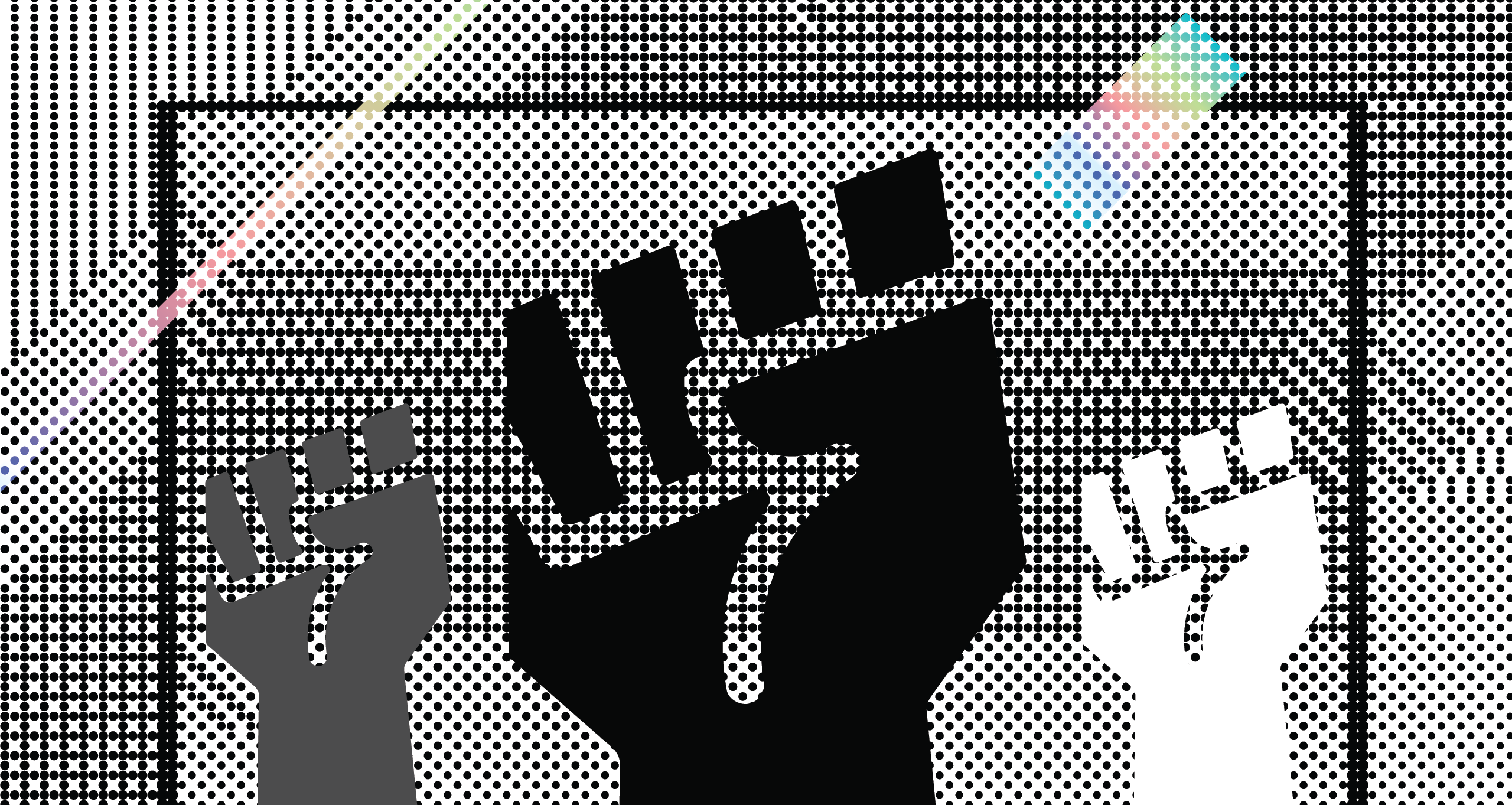 Retro image of 3 strong fists being held up with dotted background and gradient angled stripes that look like strobes.