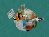 The planet as a spere, divided in section with people protesting, and shaking hands