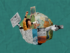 The planet as a spere, divided in section with people protesting, and shaking hands