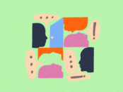 A profile illustration featuring faces of different colors to represent diversity. Speech bubbles emerge from each profile, symbolizing dialogue and active exchange. All elements are interconnected, highlighting communication, inclusion, and collective engagement.