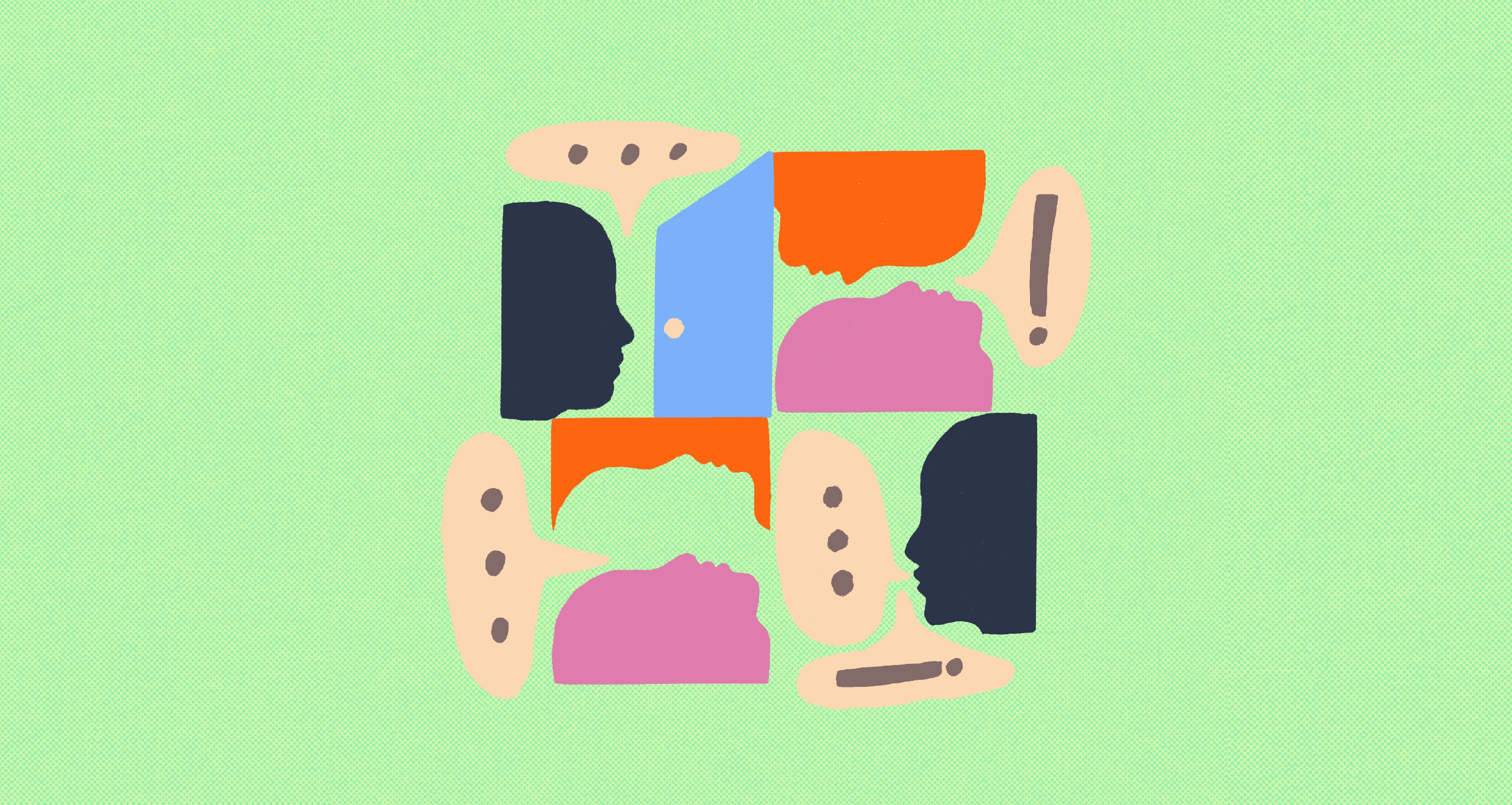A profile illustration featuring faces of different colors to represent diversity. Speech bubbles emerge from each profile, symbolizing dialogue and active exchange. All elements are interconnected, highlighting communication, inclusion, and collective engagement.