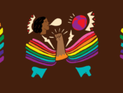 A fist in the air with rainbow wings