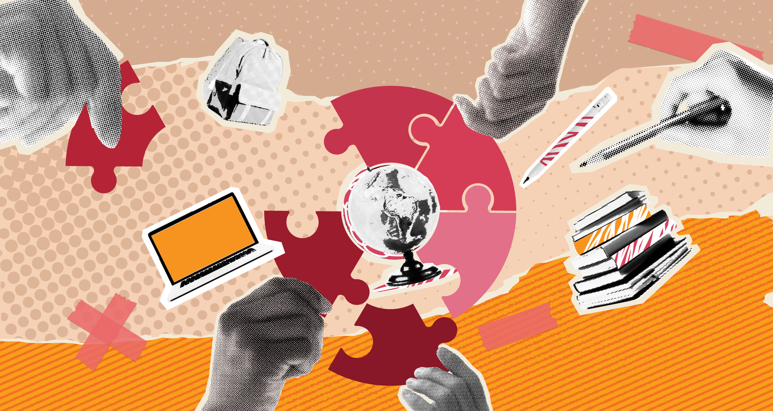 Illustration for the article: "International Teaching Partnerships". An illustration depicting hands from diverse backgrounds reaching out toward interconnected puzzle pieces. Together, the pieces symbolize collaboration, mutual support, and transformative change within universities. The composition emphasizes unity in diversity, global cooperation, and the collective effort to advance higher education.