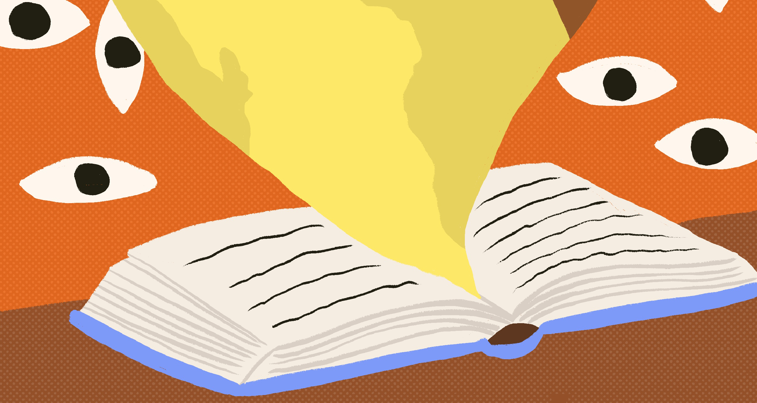 A book open with eyes looking at it